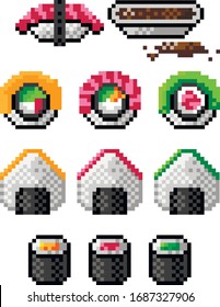 Set sushi in the style of pixel art. 8-bit food of the 80s. Vector image 