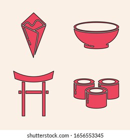 Set Sushi, Temaki roll, Bowl of hot soup and Japan Gate icon. Vector
