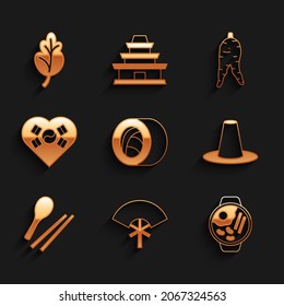 Set Sushi, Traditional fan, Ramen, Korean hat, Food chopsticks, Love with heart, Ginseng root and Kimchi icon. Vector