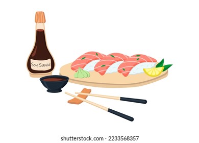 Set of sushi with tuna soy sauce and chopsticks. vector illustration