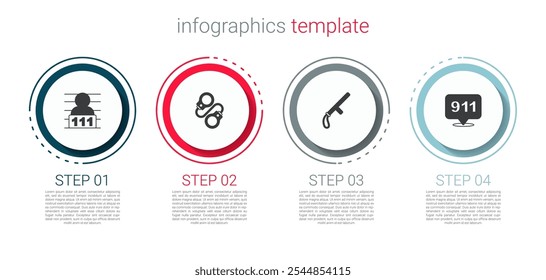 Ajuste o suspeito criminoso, algemas, bastão de borracha da polícia e telefone 911. Modelo de infográfico comercial. Vetor