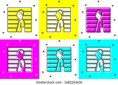 Set Suspect criminal icon isolated on color background. The criminal in prison, suspected near the board.  Vector Illustration