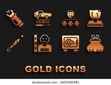 Set Suspect criminal, Kidnaping, Wallet, Safe, Marijuana joint, Mafia, Police electric shocker and Car theft icon. Vector