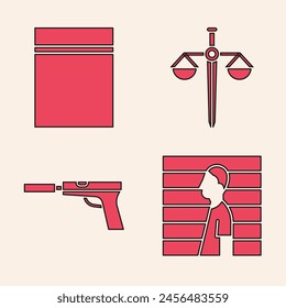 Set Suspect criminal, Plastic bag with ziplock, Scales of justice and Pistol or gun with silencer icon. Vector