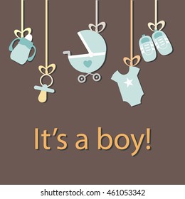 a set of suspended elements for newborn baby boy. a collection of elements. postcard Template for greetings and invitation. Baby shower and arrival