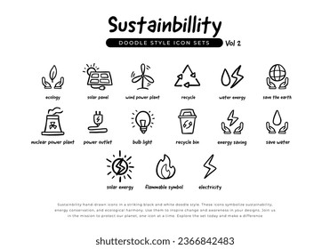 Set of sustainability green energy and ecology doodle hand drawn line icons. Volume 2 Icons set for renewable energy, green technology and ecology. vector illustration