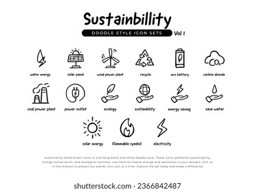 Set of sustainability green energy and ecology doodle hand drawn line icons. Volume 1 of Icons set for renewable energy, green technology and ecology. vector illustration