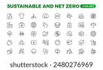 Set of sustainability and Net Zero, environmental, ecological, recyling, green, organic, industry thin line icons. Linear ecology simple symbol collection.