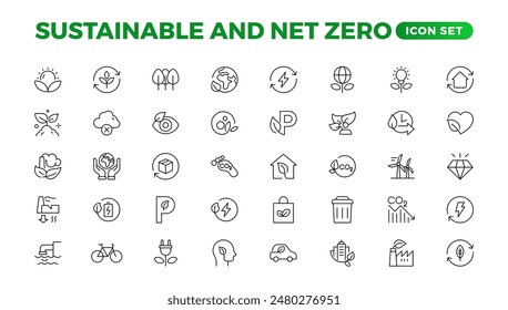 Set of sustainability and Net Zero, environmental, ecological, recyling, green, organic, industry thin line icons. Linear ecology simple symbol collection.