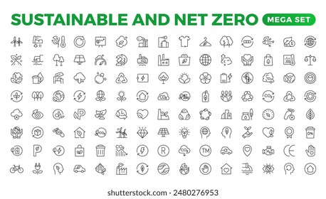 Conjunto de sostenibilidad y Net Zero, ecológico, ecológico, reciclaje, verde, orgánico, la industria delgada línea iconos. Colección de símbolos simples de ecología lineal.