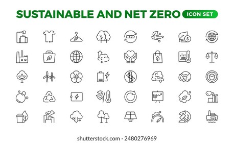 Set of sustainability and Net Zero, environmental, ecological, recyling, green, organic, industry thin line icons. Linear ecology simple symbol collection.