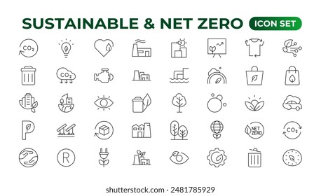 Set von Nachhaltigkeit und Net Zero, Umwelt, ökologisch, Recycling, grün, organisch, Industrie dünne Linie Icons. In: Linear Ecology Simple Symbol Kollektion.