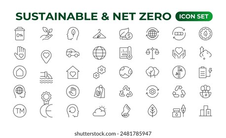 Conjunto de sostenibilidad y Net Zero, ecológico, ecológico, reciclaje, verde, orgánico, la industria delgada línea iconos. Colección de símbolos simples de ecología lineal.