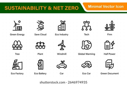 Set von Nachhaltigkeit und Net Zero, Umwelt, ökologisch, Recycling, grün, organisch, Industrie dünne Linie Icons. Lineare Ökologie einfache Symbolsammlung.