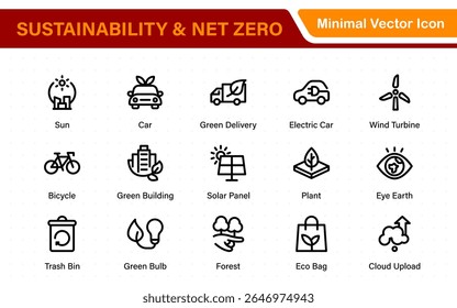 Set of sustainability and Net Zero, environmental, ecological, recyling, green, organic, industry thin line icons. Linear ecology simple symbol collection.