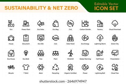 Set of sustainability and Net Zero, environmental, ecological, recyling, green, organic, industry thin line icons. Linear ecology simple symbol collection.