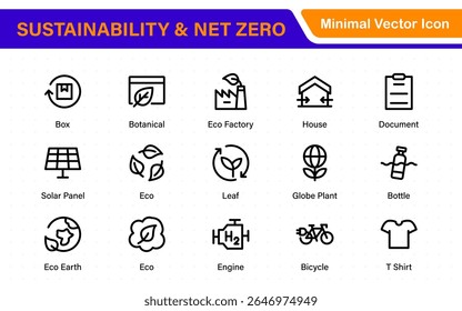 Set of sustainability and Net Zero, environmental, ecological, recyling, green, organic, industry thin line icons. Linear ecology simple symbol collection.