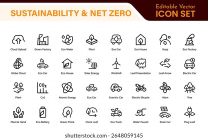 Set of sustainability and Net Zero, environmental, ecological, recyling, green, organic, industry thin line icons. Linear ecology simple symbol collection.