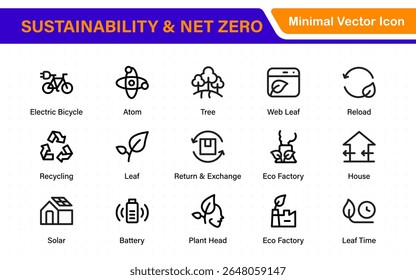 Set of sustainability and Net Zero, environmental, ecological, recyling, green, organic, industry thin line icons. Linear ecology simple symbol collection.