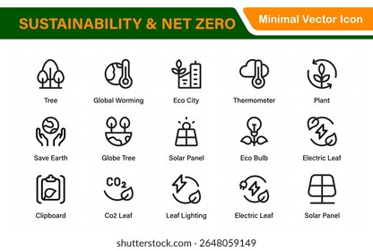 Set of sustainability and Net Zero, environmental, ecological, recyling, green, organic, industry thin line icons. Linear ecology simple symbol collection.