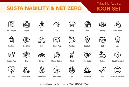 Conjunto de iconos de línea delgada de sostenibilidad y Net Zero, ambiental, ecológico, reciclaje, verde, orgánico, industria. Ecología lineal simple símbolo colección.