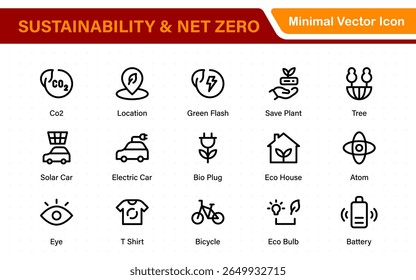 Conjunto de sustentabilidade e Net Zero, ambiental, ecológico, reciclando, verde, orgânico, indústria fina linha ícones. Coleção de símbolos simples de ecologia linear.