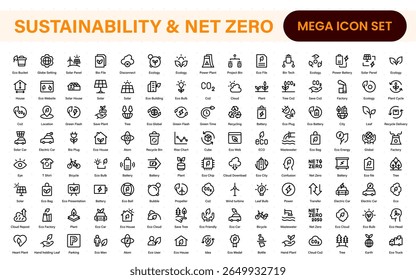 Set of sustainability and Net Zero, environmental, ecological, recyling, green, organic, industry thin line icons. Linear ecology simple symbol collection.