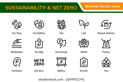 Conjunto de sustentabilidade e Net Zero, ambiental, ecológico, reciclando, verde, orgânico, indústria fina linha ícones. Coleção de símbolos simples de ecologia linear.
