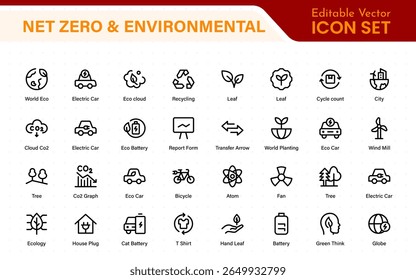 Conjunto de iconos de línea delgada de sostenibilidad y Net Zero, ambiental, ecológico, reciclaje, verde, orgánico, industria. Ecología lineal simple símbolo colección.