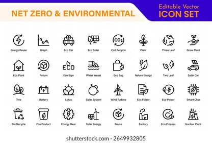 Set of sustainability and Net Zero, environmental, ecological, recyling, green, organic, industry thin line icons. Linear ecology simple symbol collection.