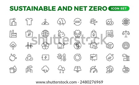 Set of sustainability and Net Zero, environmental, ecological, recyling, green, organic, industry thin line icons. Linear ecology simple symbol collection.