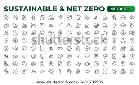 Set of sustainability and Net Zero, environmental, ecological, recyling, green, organic, industry thin line icons. Linear ecology simple symbol collection.