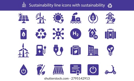Set of sustainability and renewable energy line icons with sustainabilit