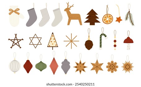 Set of sustainable Christmas decorations made from natural materials.Mittens, stockings, stars, trees, reindeer, dried orange slices, and wooden ornaments. Perfect forholiday designs. Vector