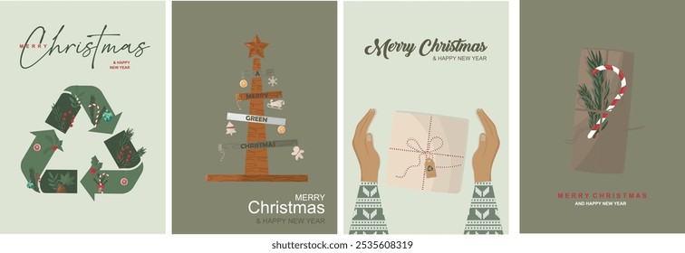Set of sustainable christmas poster A4. Eco Green Christmas Cards Collection Sustainable Holiday Designs. Eco-friendly christmas. Vector illustration. Sustainable holiday collection. 