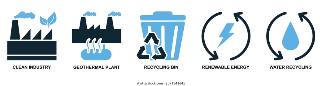set of sustainable and ecology icon vectors featuring nature, recycling, renewable energy, and eco-friendly concepts. Ideal for environmental projects, green business