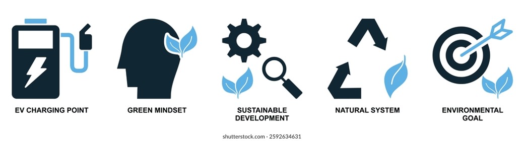 set of sustainable and ecology icon vectors featuring nature, recycling, renewable energy, and eco-friendly concepts. Ideal for environmental projects, green business