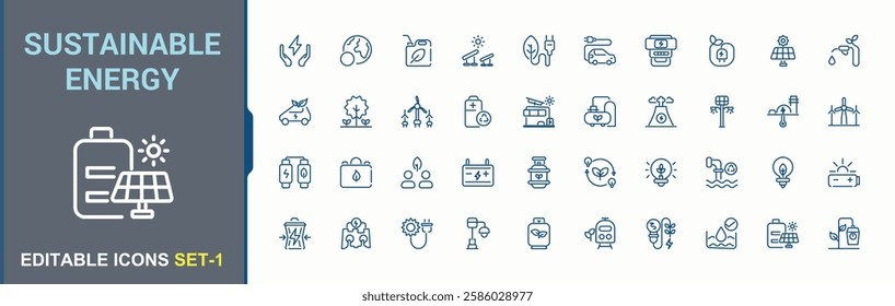 Set of Sustainable Energy line icons. Containing recycle, ecology, ecological, renewable energy, recycling, electricity, alternative and more. Outline icon. Editable vector art.