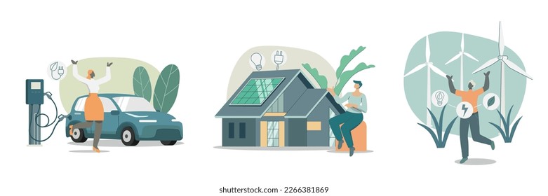 Conjunto sostenible, cuidado ambiental y utilización de energía verde limpia, estación de carga de automóviles eléctricos, 
Moderna casa de ecología y energía solar, las turbinas eólicas generan electricidad. Ilustración vectorial.
