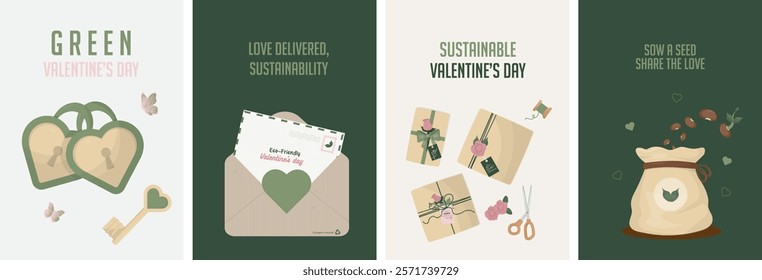 Set of Sustainable Green Valentine's Day Eco-Friendly Illustrations Set. illustrations promoting eco-conscious Valentine's Day celebrations. Love and valentine concept. Flat style. Vector illustration