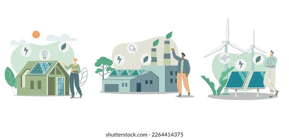 Set of sustainable, House with solar panels, Environmental protection factory. Wind Turbine Generates Electricity Conserves Nature,
 Ecological life with alternative energy. Vector illustration.