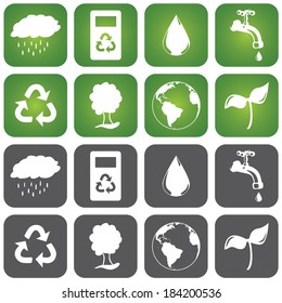 Set of sustainable icons in two different background colors, green and grey.. Flat design with rounded corners square shapes.