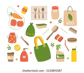 Set of sustainable, reusable items and packaging. Conscious consumption. Zero Waste, glass jars, eco bags, string bag, wooden cutlery, dishes. Flat vector illustration