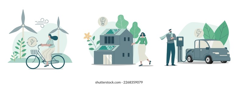 Set of sustainable, Wind turbines generate electricity, Modern ecology house and solar energy, Electric car charging station,
 Urban ecosystem life with natural, Vector illustration.