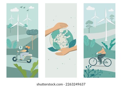 Set of sustainable, Woman driving electric motorcycle, Man riding a bicycle, Two hands to protect the global environment,
Ecological life with natural and alternative energy. Vector illustration. svg