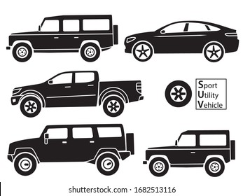 Set of SUV cars (Sport utility vehicles), icon set with well known types of cars.