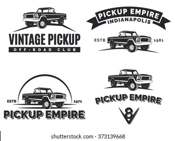 Set of suv pickup car vector emblems, labels and logos. Offroad extreme pickup truck design elements, 4x4 vehicle illustration.