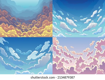 Set svening sky clouds. Realistic backdrops in soft pastel colors. Morning landscapes with clouds and gradient sky, colorful heaven skies backgrounds