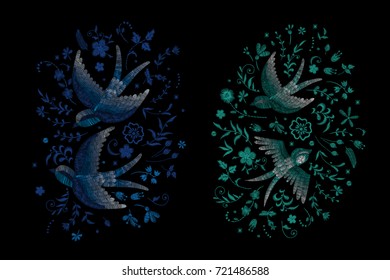 set. swallow and lace flowers.traditional stylish fashionable embroidered embroidery on a black background. sketch for printing on fabric, bag, clothes, accessories and design. trend vector