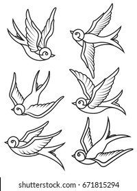 Set of swallow tattoo templates isolated on white background. Bird icons. Vector illustration.